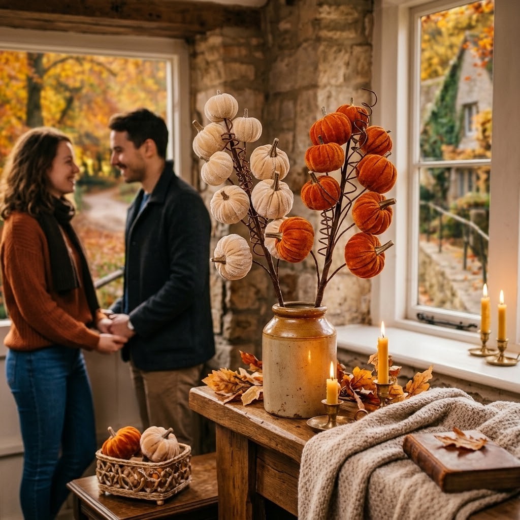 Dekorační větvička se sametovými dýněmi Pumpkin Velvet - 6*4*56 cm Clayre & Eef Dekorační větvička se sametovými dýněmi Pumpkin Velvet - 6*4*56 cm Clayre & Eef