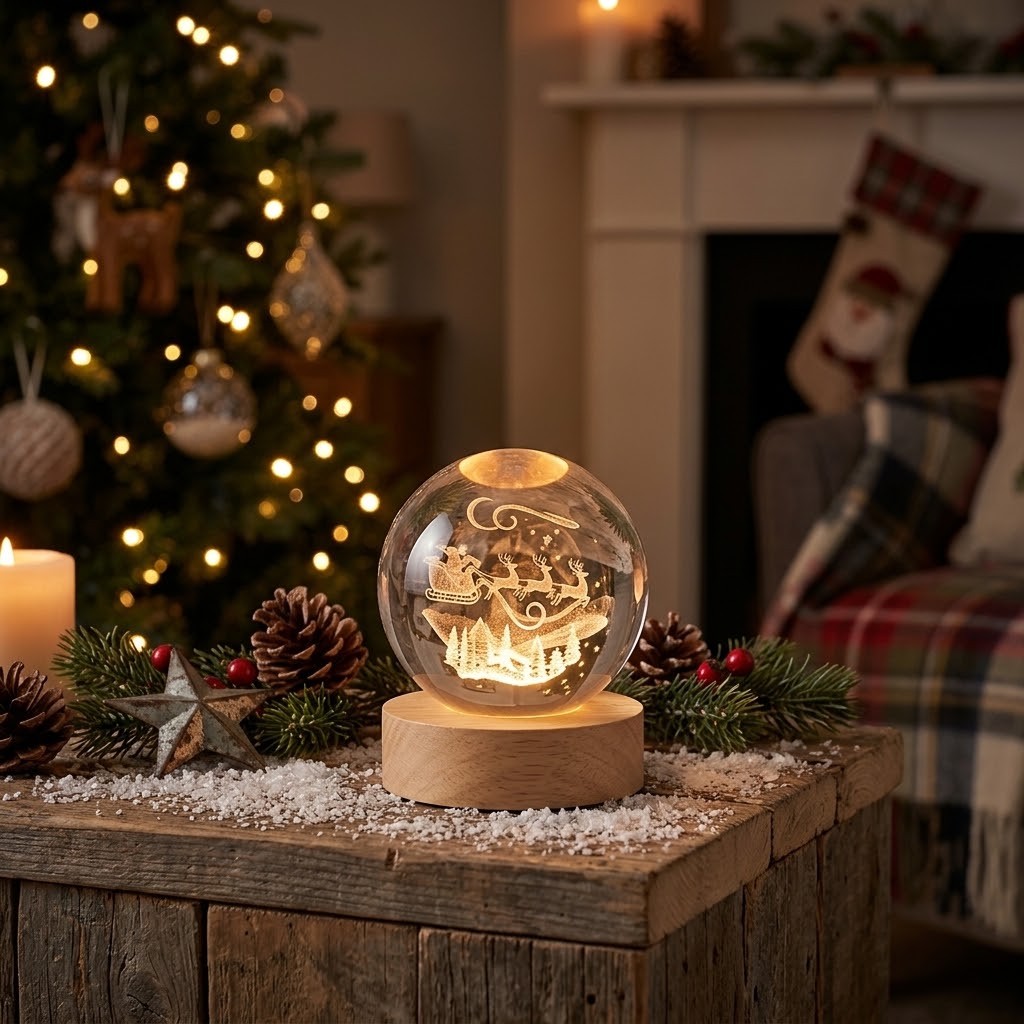 LED stolní lampička na dřevěném podstavci - sobí spřežení - Ø 6 cm / USB Clayre & Eef LED stolní lampička na dřevěném podstavci - sobí spřežení - Ø 6 cm / USB Clayre & Eef