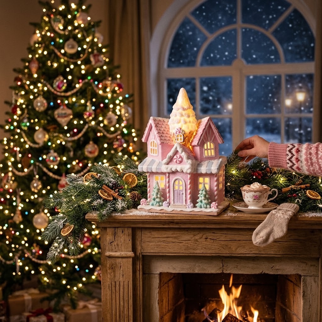 Růžový svítící LED domek Pastel Christmas Chic - 21*14*28 cm / 2*AAA Clayre & Eef Růžový svítící LED domek Pastel Christmas Chic - 21*14*28 cm / 2*AAA Clayre & Eef