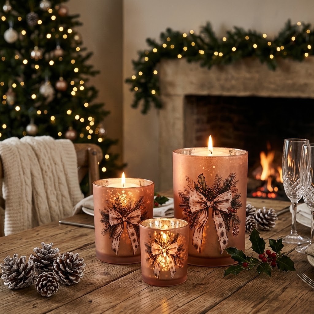 Elegantní vánoční skleněný svícen s mašlí S – Lososový - Ø 7*8 cm Clayre & Eef Elegantní vánoční skleněný svícen s mašlí S – Lososový - Ø 7*8 cm Clayre & Eef