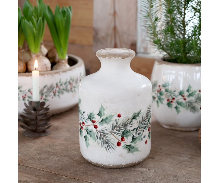 Béžová keramická váza s cesmínou Holly Christmas Antique – Ø 11*17,5 cm Chic Antique