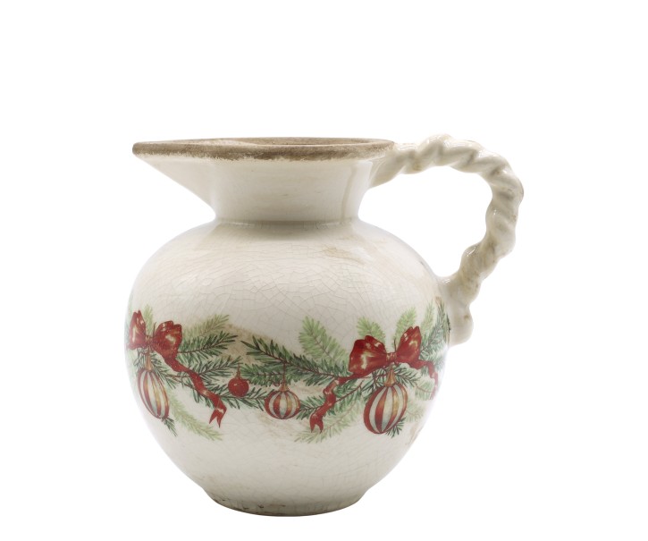Béžový keramický džbán s vánočními ozdobami Christmas Bow & Bauble – 20,5*18,5 cm Chic Antique
