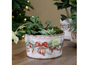 Béžový keramický květináč s vánočními ozdobami Christmas Bow & Bauble – Ø 16,5*9,5 cm