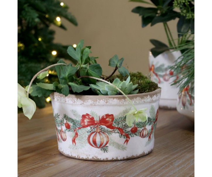 Béžový keramický květináč s vánočními ozdobami Christmas Bow & Bauble – Ø 16,5*9,5 cm Chic Antique