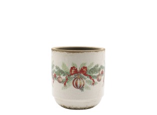 Béžový keramický květináč s vánočními ozdobami Christmas Bow & Bauble – Ø 13*13,5 cm