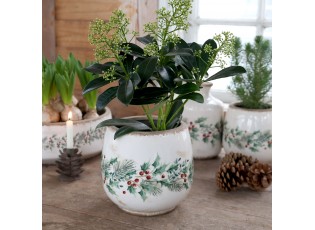 Béžový keramický květináč s cesmínou Holly Christmas Antique – Ø 17,5*16,5 cm
