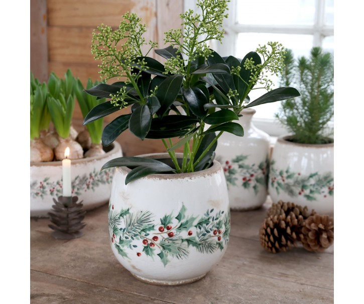 Béžový keramický květináč s cesmínou Holly Christmas Antique – Ø 17,5*16,5 cm Chic Antique