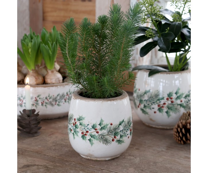 Béžový keramický květináč s cesmínou Holly Christmas Antique – Ø 15*14,5 cm Chic Antique