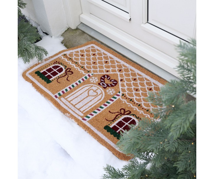 Hnědá kokosová rohožka perníková chaloupka Gingerbread – 75*45*1,5 cm Chic Antique