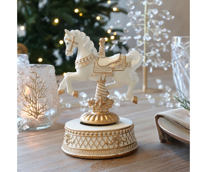 Krémová sntik hudební skříňka Noël s koníkem – 12*11*17,5 cm Chic Antique