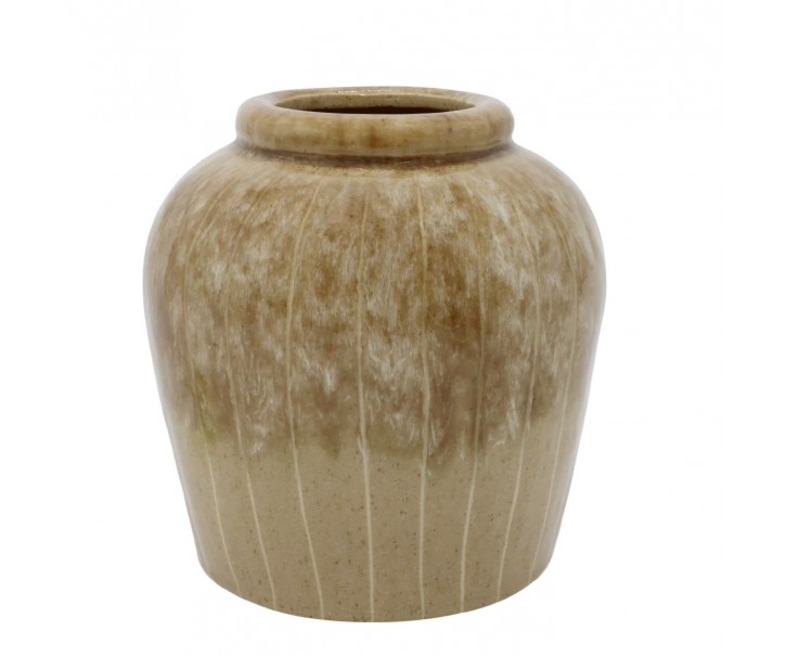 Hnedá kameninová váza s pruhmi Nature – Ø 18*19 cm Chic Antique