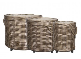 Sada 3ks hnědých košů French Basket Nature s kolečky – Ø 70*60/ Ø 54*50/ Ø 40*45 cm