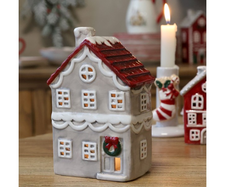 Šedý keramický domek na čajové svíčky Chamonix – 10,5*7*16 cm Chic Antique