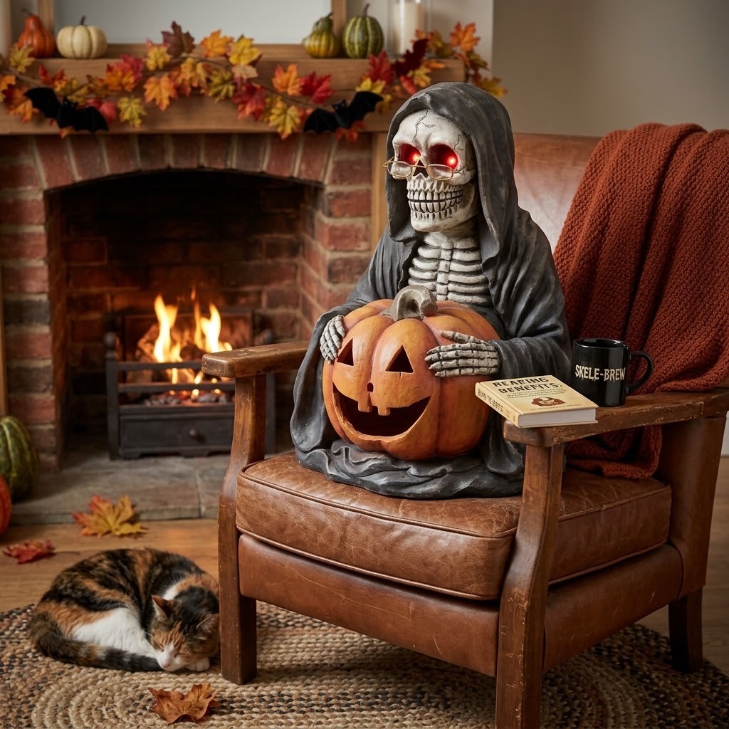 Halloween dekorace svítící kostlivec v černém plášti s dýní - 38*33*54 cm Clayre & Eef Halloween dekorace svítící kostlivec v černém plášti s dýní - 38*33*54 cm Clayre & Eef