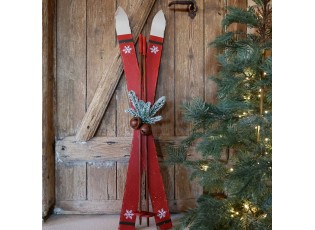 Červené dřevěné dekorativní vintage lyže s hůlkami – 22*9*90 cm