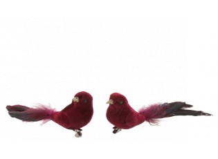 Sada 2 kousků sametových klipů Bird v červené barvě s péřovým zdobením – 16*5*5 cm