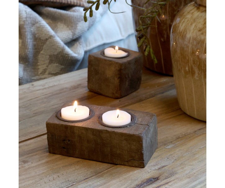 Svícen Grimaud ze starého dřeva a železa s 2 držáky hnědý Nature – 12*6*6 cm Chic Antique