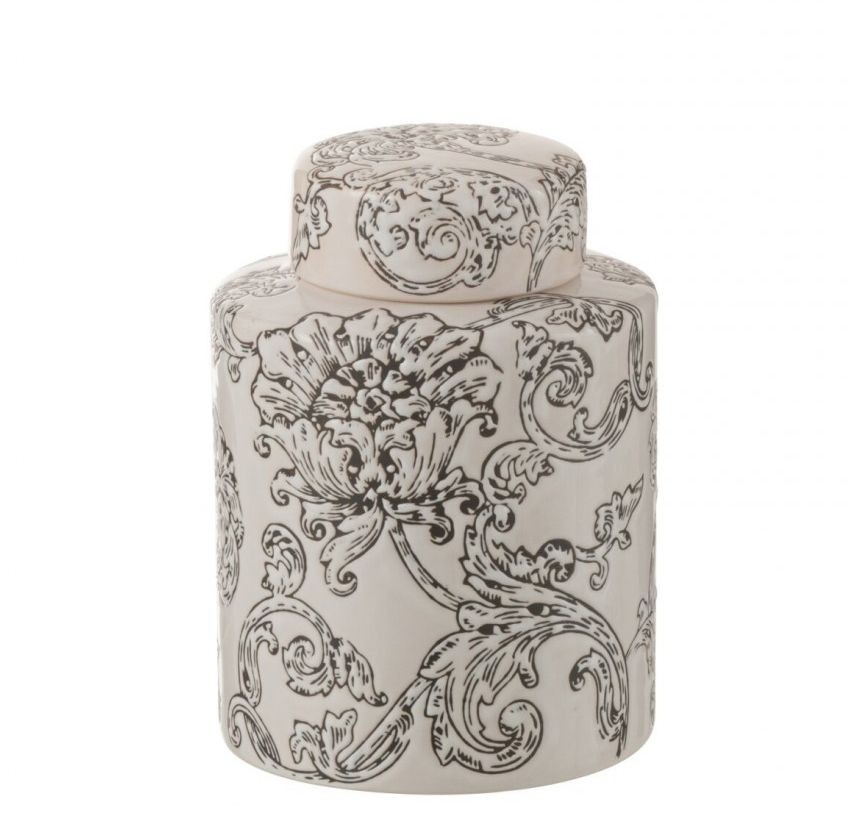 Bílo-černá porcelánová dóza s víkem a květy Zen Ball – 13*13*19 cm