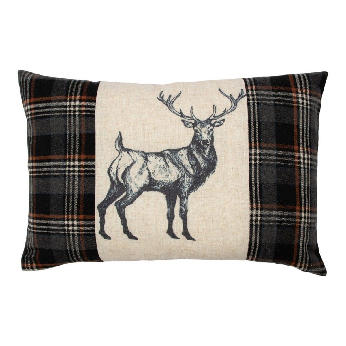 Béžovo-hnědý polštář s motivem jelena a kostkovaným vzorem Check Deer – 40*60*6 cm