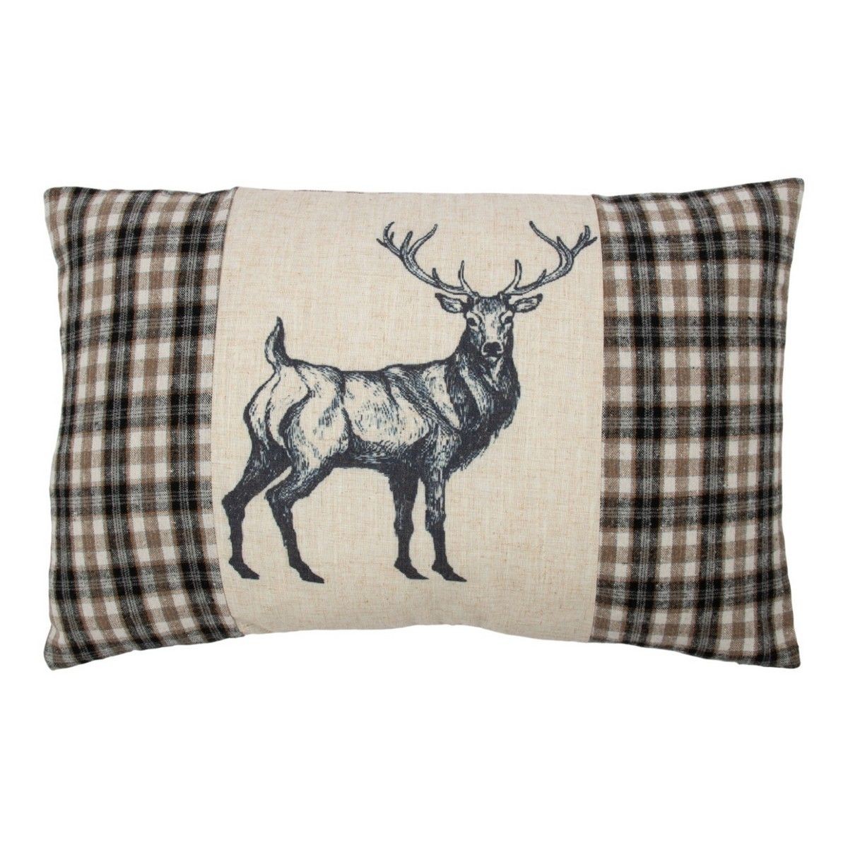 Béžovo-hnědý polštář s motivem jelena a kostkovaným vzorem Check Deer – 40*60*6 cm