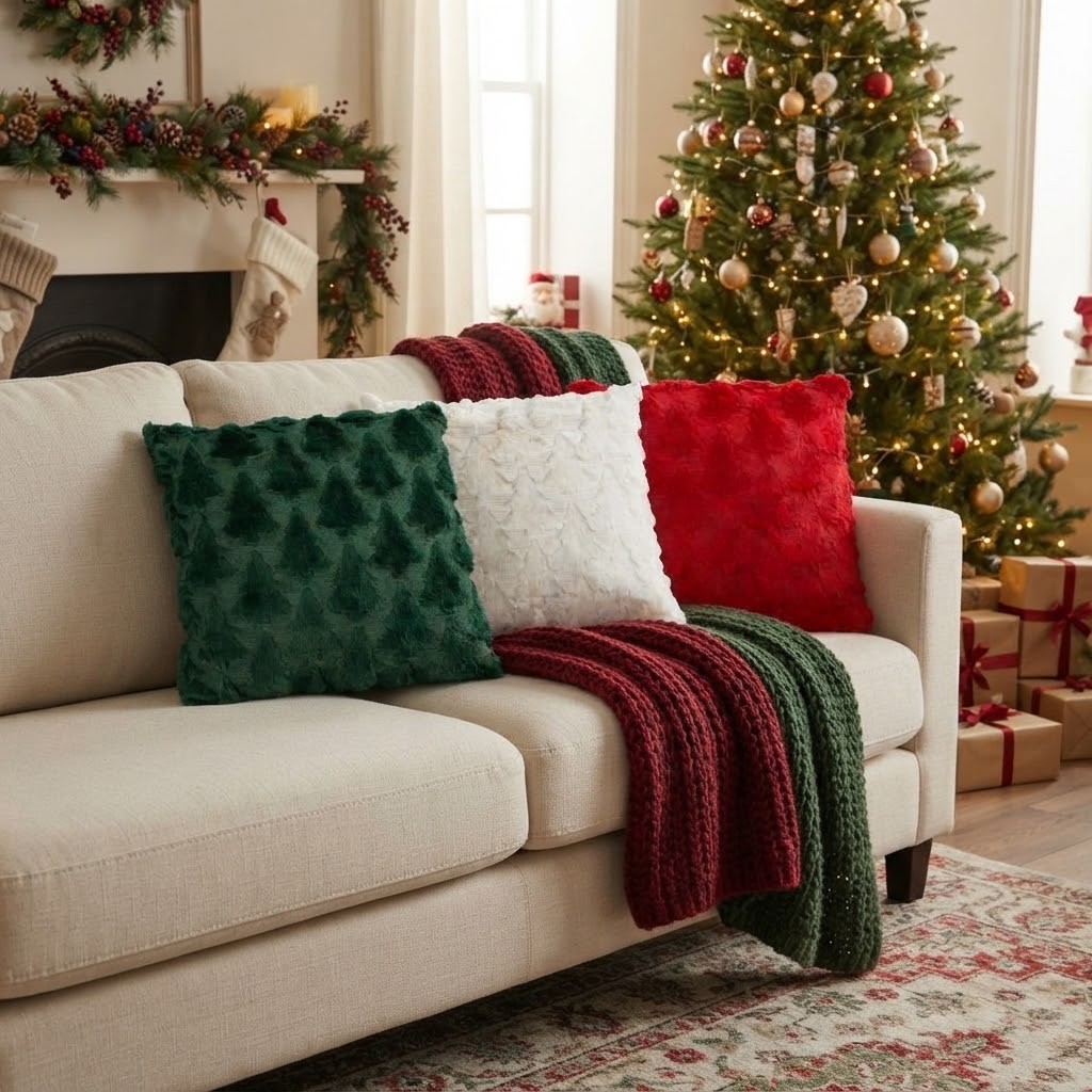 Bílý polštář se vzorem vánočních stromků Christmas Tree – 45*45*10 cm Mars & More Bílý polštář se vzorem vánočních stromků Christmas Tree – 45*45*10 cm Mars & More