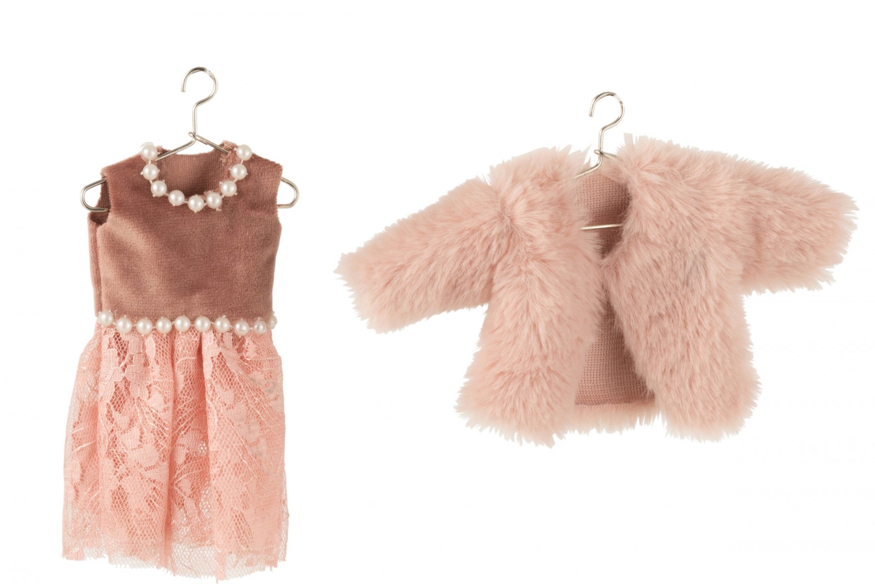 Set 2ks růžová vánoční ozdoba mini ramínka kabátek a šaty z textilu – 11*17*1,5 cm
