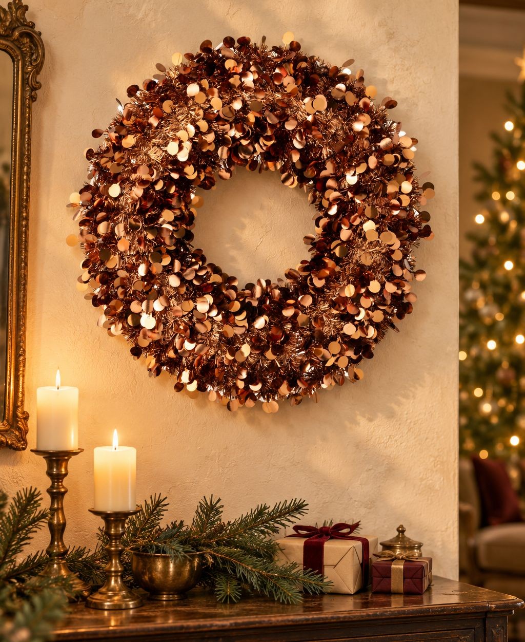 Veliký bronzový lesklý vánoční věnec Sparkling XL – 75*75*7 cm J-Line by Jolipa Veliký bronzový lesklý vánoční věnec Sparkling XL – 75*75*7 cm J-Line by Jolipa