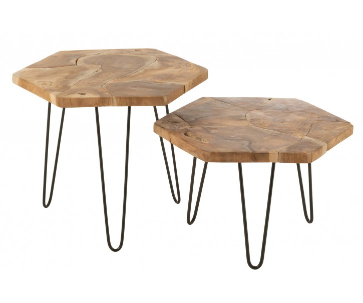 Sada 2 odkládacích stolků Hexagone z teakového dřeva a kovu – 60*60*60/ 52*52*48 cm J-Line by Jolipa