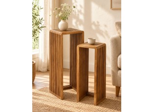 Sada 2 odkládacích stolků Cubic z přírodního teaku – 34*34*88/ 25*25*75 cm