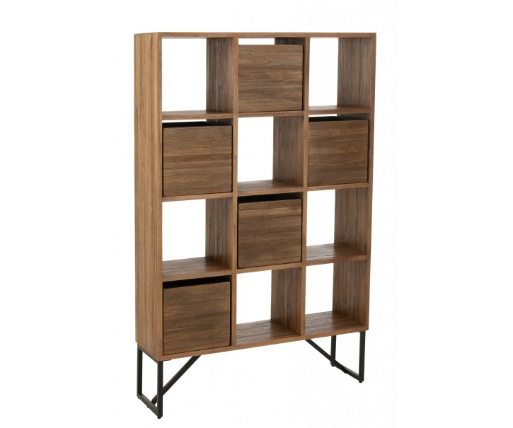 Knihovna regál se šuplíky Recycle teak přírodní kov – 100*30*158 cm J-Line by Jolipa