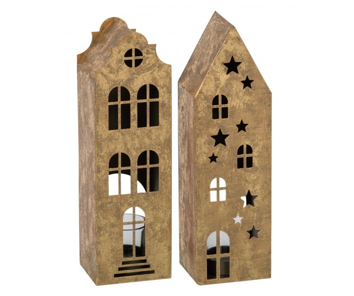 Set 2ks zlatý antik svícen domek na čajovou svíčku - 8*7*27 cm J-Line by Jolipa