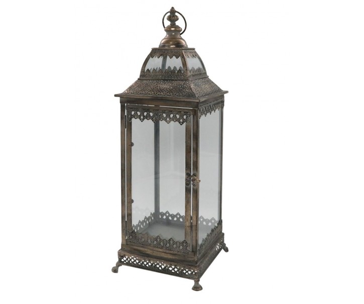 Bronzová antik kovová lucerna se zdobením Marroque – 20*20*62 cm Chic Antique