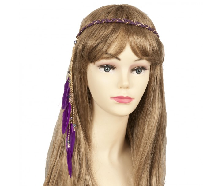 Čelenka do vlasů fialová s peříčky - 27 cm Clayre & Eef
