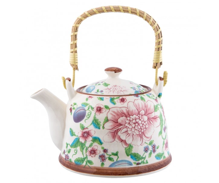 Porcelánová konvička se sítkem a květy - 18*14*12 cm / 0,7L Clayre & Eef