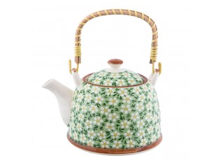 Zelená porcelánová konvička s kvítky a se sítkem - Ø 18*14*12 cm / 0,7L