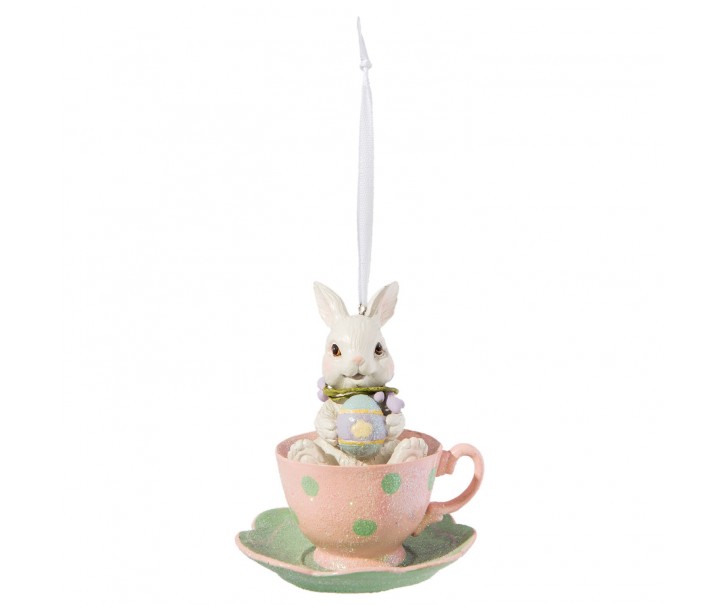 Závěsná velikonoční dekorace králíček v šálku - Ø 9*11 cm Clayre & Eef