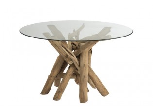 Jídelní kulatý dřevěný stůl se skleněnou deskou Branch - Ø128*75 cm