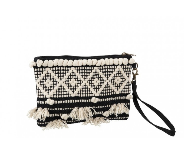 Černo-krémová kabelka do ruky Monochrome Boho s třásněmi - 25*17cm J-Line by Jolipa