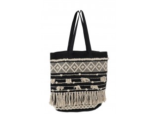 Černo-krémová kabelka Monochrome Boho s třásněmi - 40*45cm