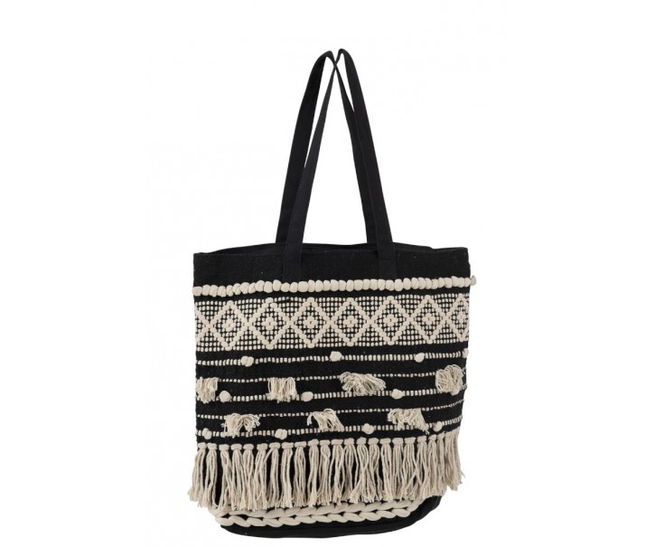Černo-krémová kabelka Monochrome Boho s třásněmi - 40*45cm J-Line by Jolipa