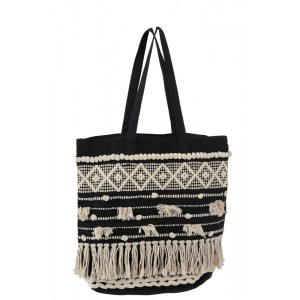 Černo-krémová kabelka Monochrome Boho s třásněmi - 40*45cm