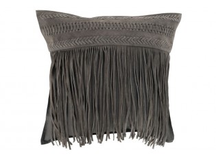 Šedý kožený polštář s výplní Tassels - 45*45*10cm