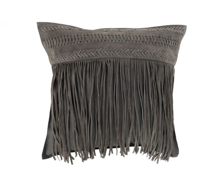 Šedý kožený polštář s výplní Tassels - 45*45*10cm J-Line by Jolipa