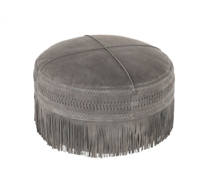 Šedý kožený puf s výplní Tassels - Ø 52*40cm J-Line by Jolipa