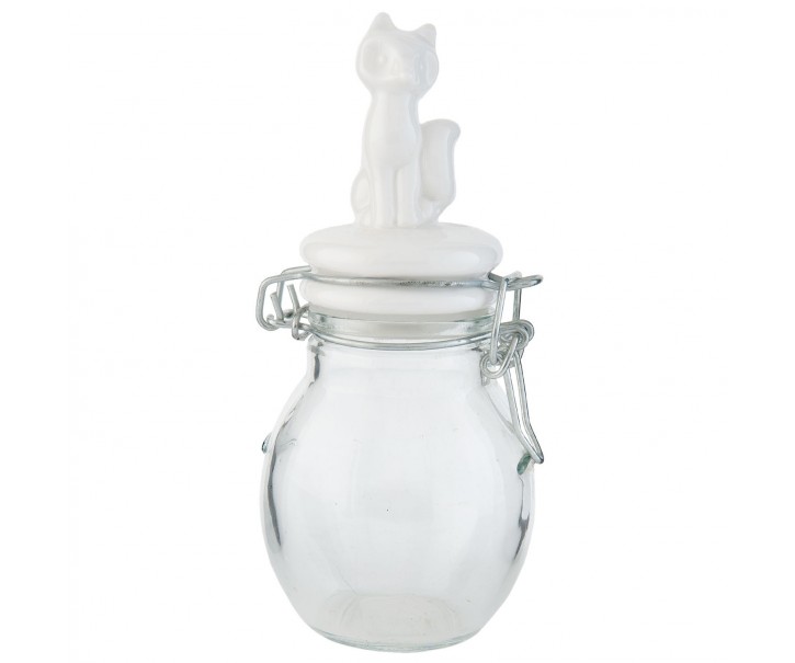 Skleněná dóza s kočkou na víčku – Ø 6*14 cm / 0,1 L Clayre & Eef