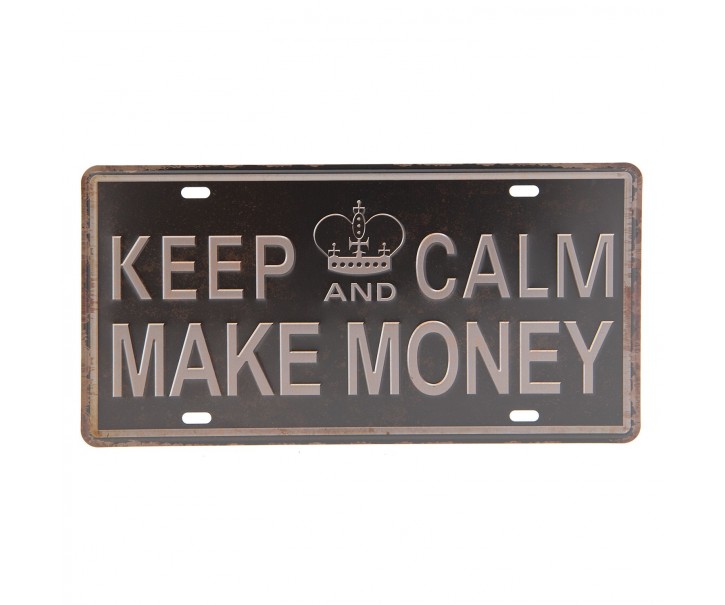 Hnědo černá kovová cedule MAKE MONEY s odřením a patinou. Clayre & Eef
