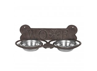 Misky pro psa ve stojanu s kostí a nápisem Woof - 39*18*12 cm
