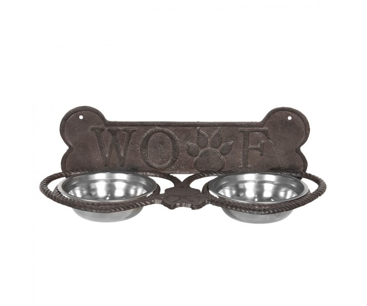 Misky pro psa ve stojanu s kostí a nápisem Woof - 39*18*12 cm Clayre & Eef
