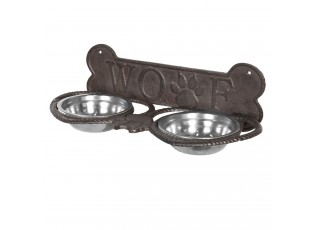 Misky pro psa ve stojanu s kostí a nápisem Woof - 39*18*12 cm