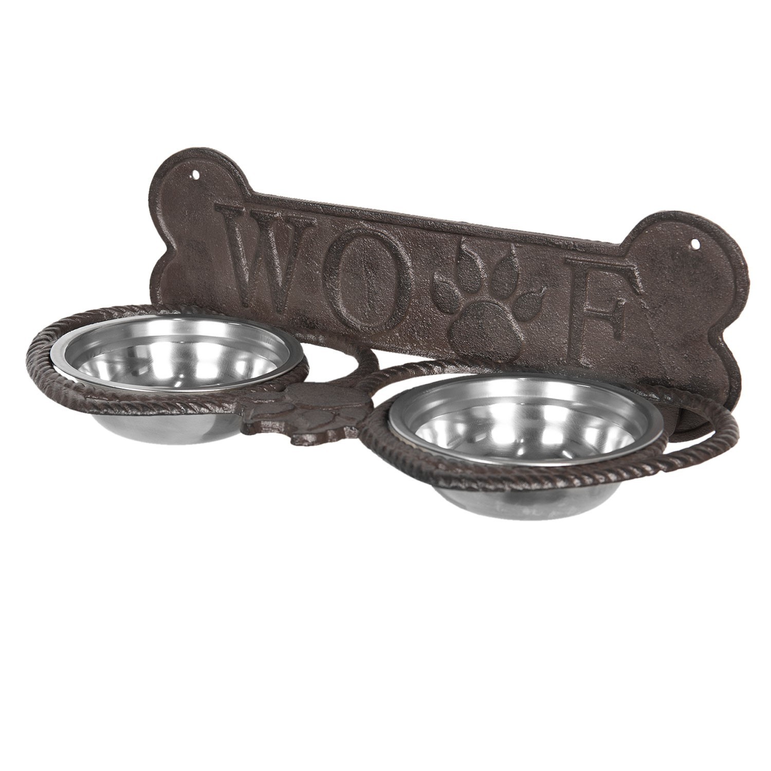 Misky pro psa ve stojanu s kostí a nápisem Woof - 39*18*12 cm Clayre & Eef Misky pro psa ve stojanu s kostí a nápisem Woof - 39*18*12 cm Clayre & Eef